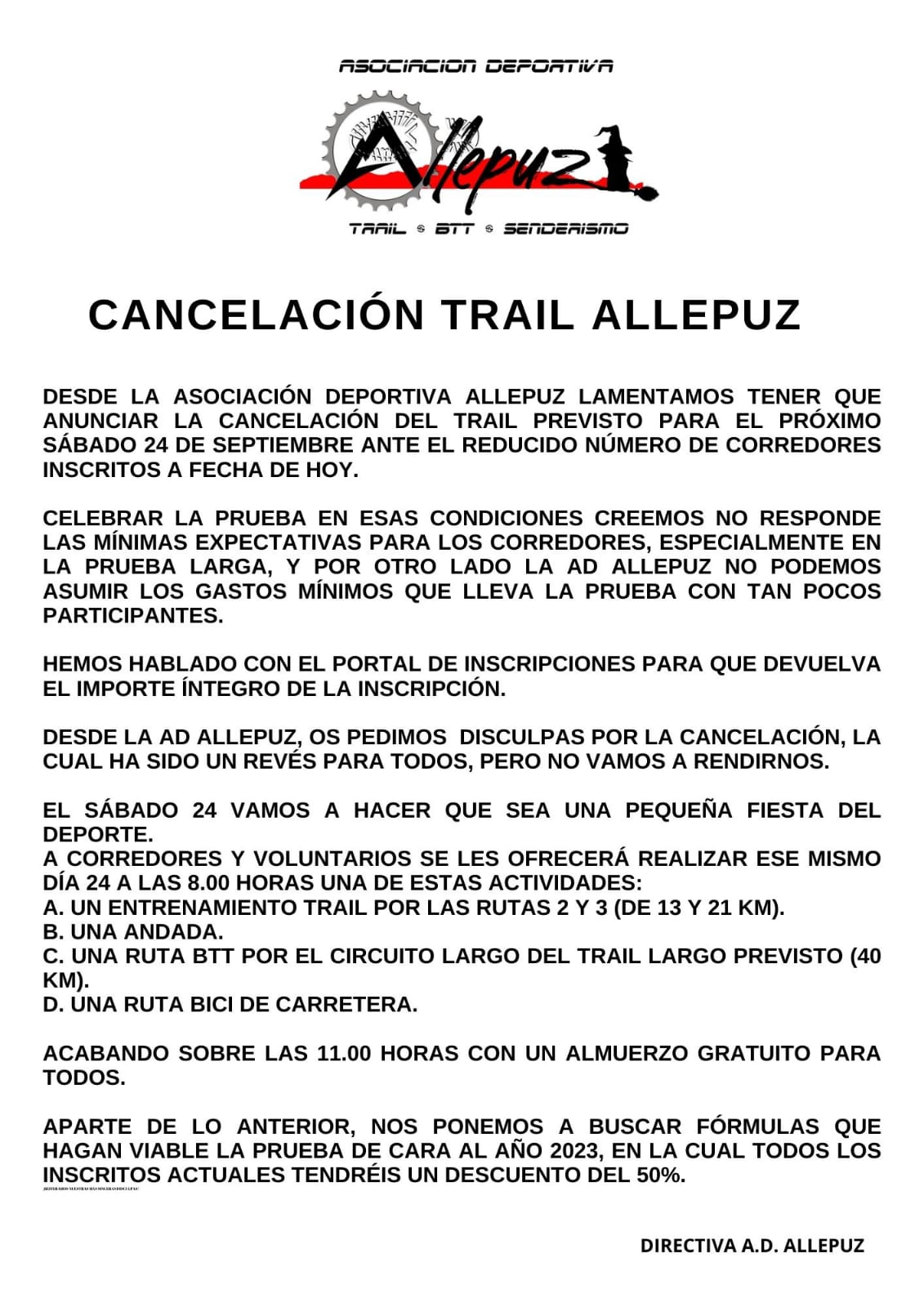 Cancelacion Trail Allepuz